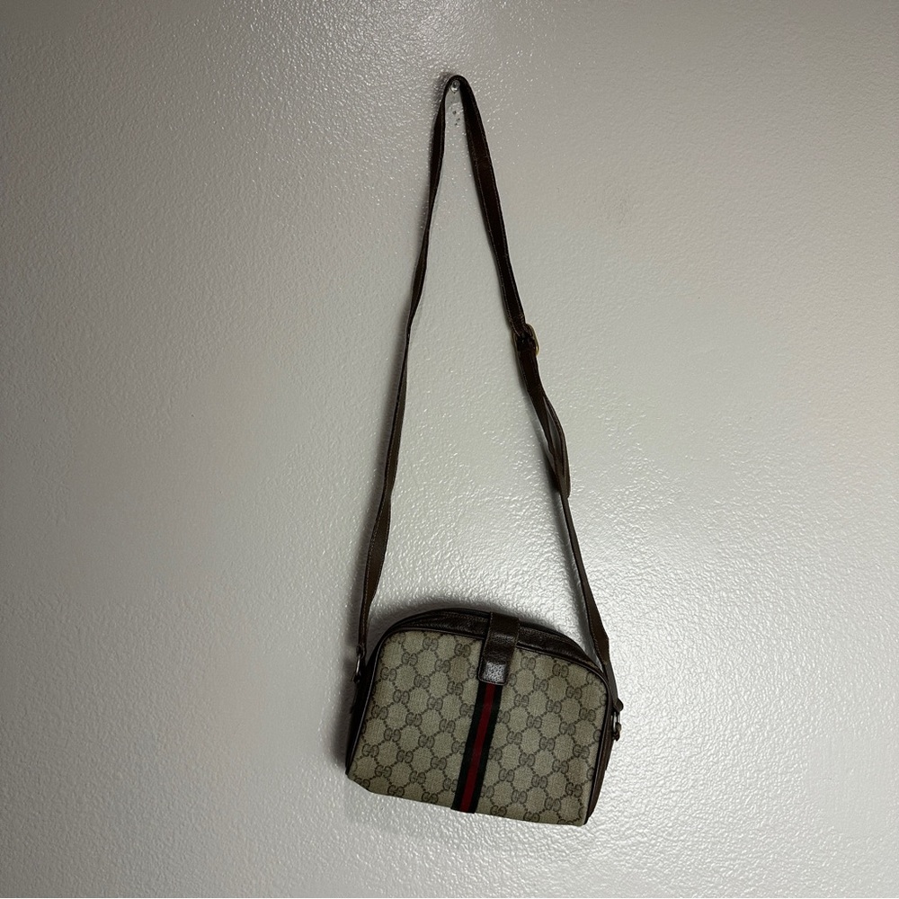 GUCCI Web Sherry Line GG Canvas Shoulder Bag PVC Leather Beige Green Vintage - Picture 2 of 15